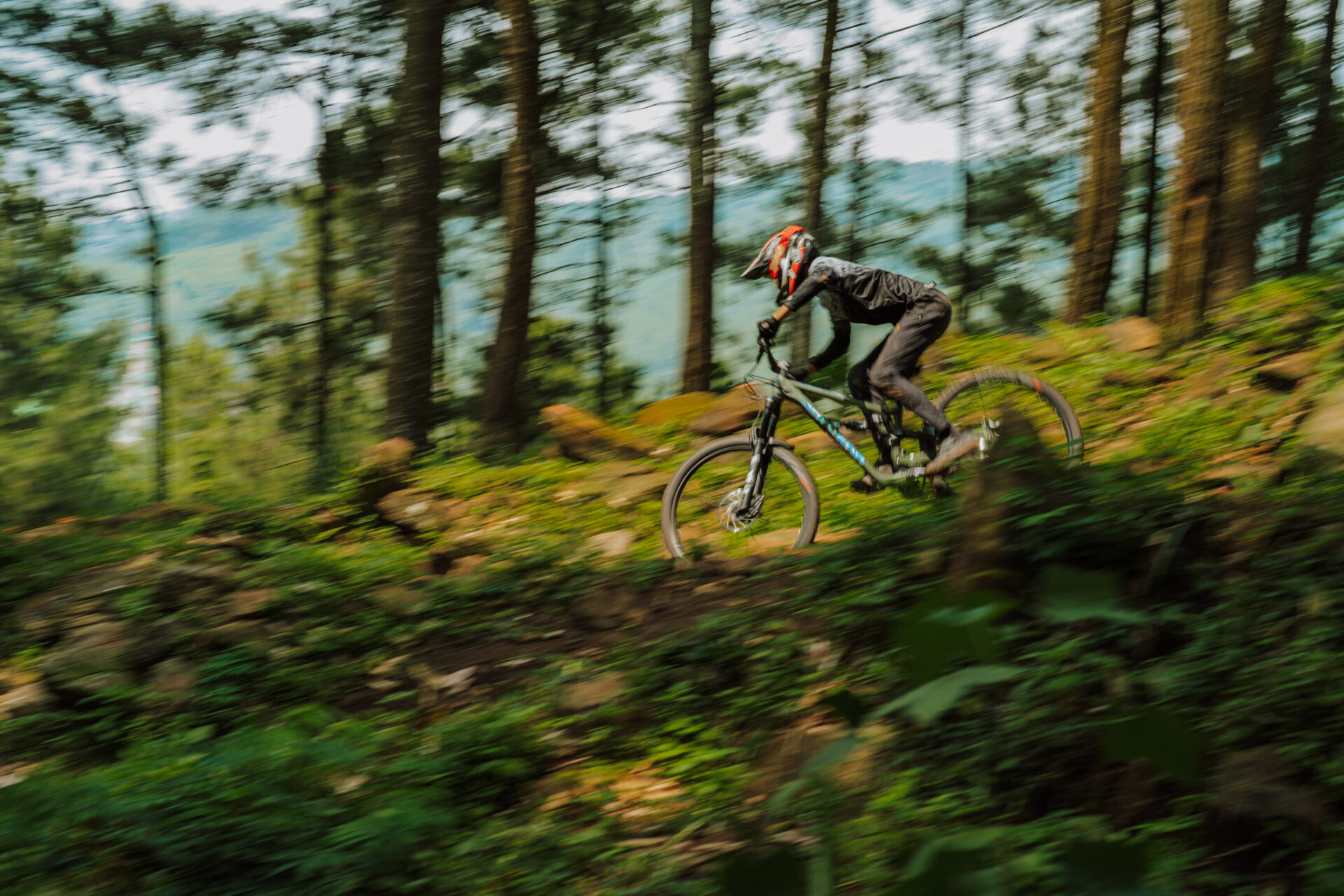 Descending a hill with a downhill mountain bike