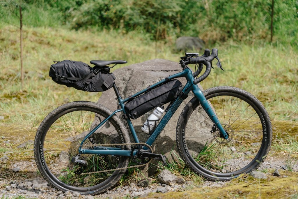 A gravel bike with bike bags