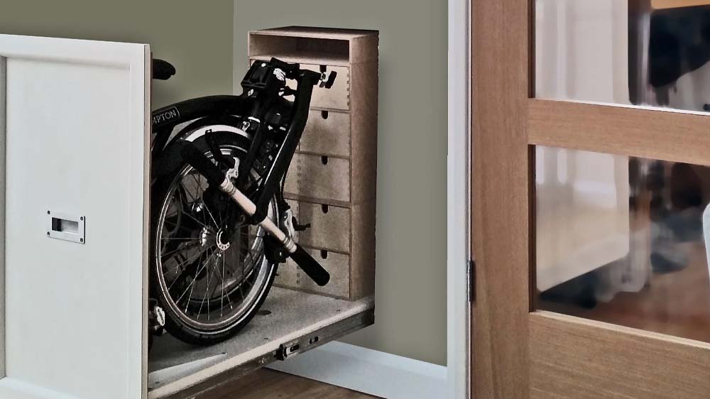 A Folding Bike Is Stored Inside The Room