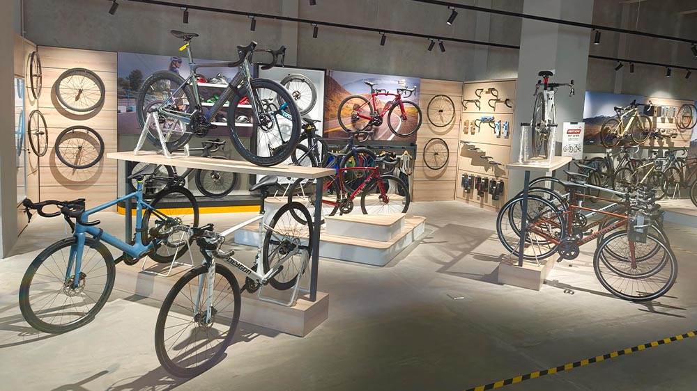 Exploring bike options at a bicycle store