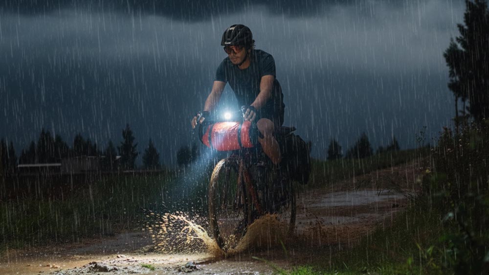 Bike Lights Illuminate The Road In The Rain